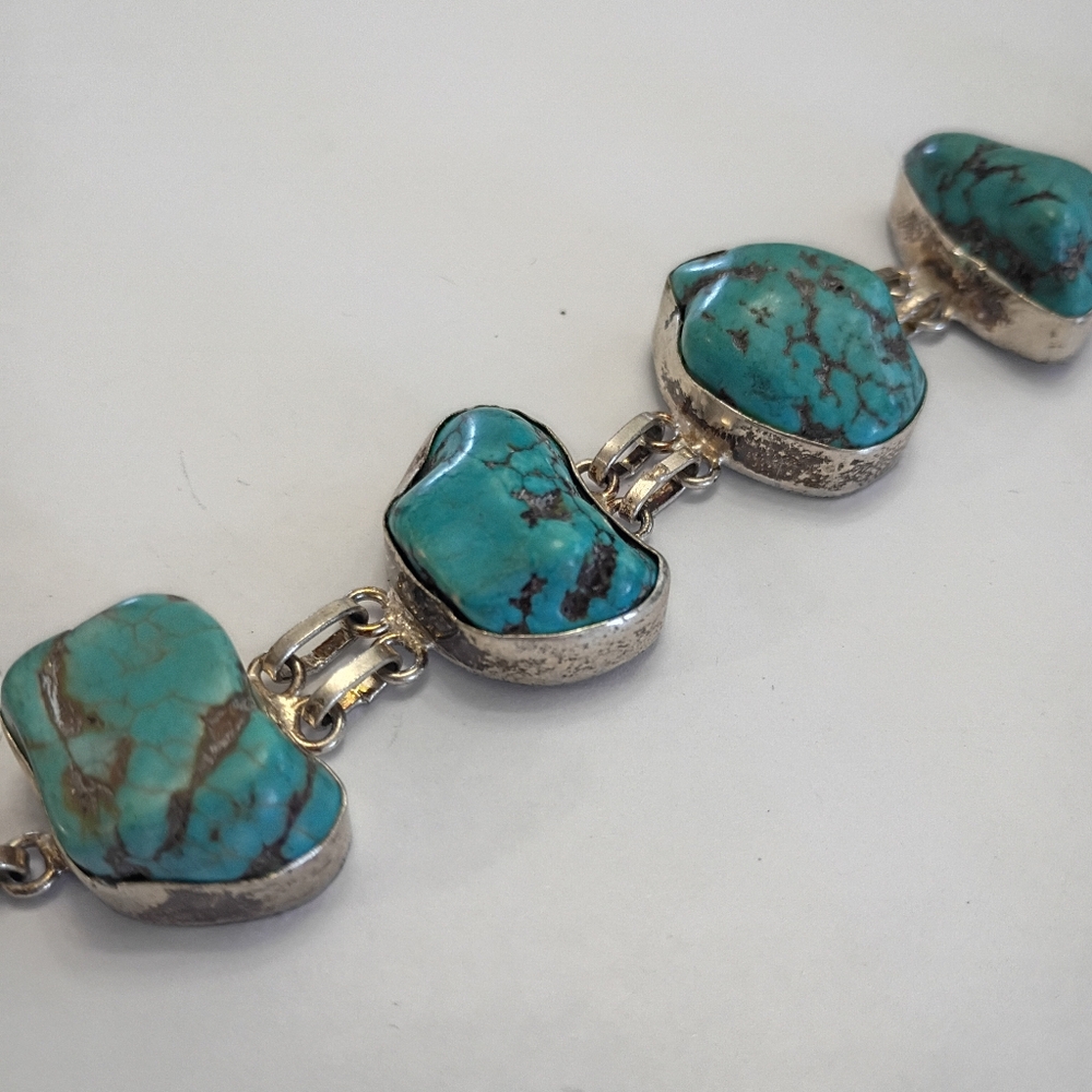 925 Bracelet Chunky Turquoise Faux Spring Easter Statement 7" Sterling Sliver